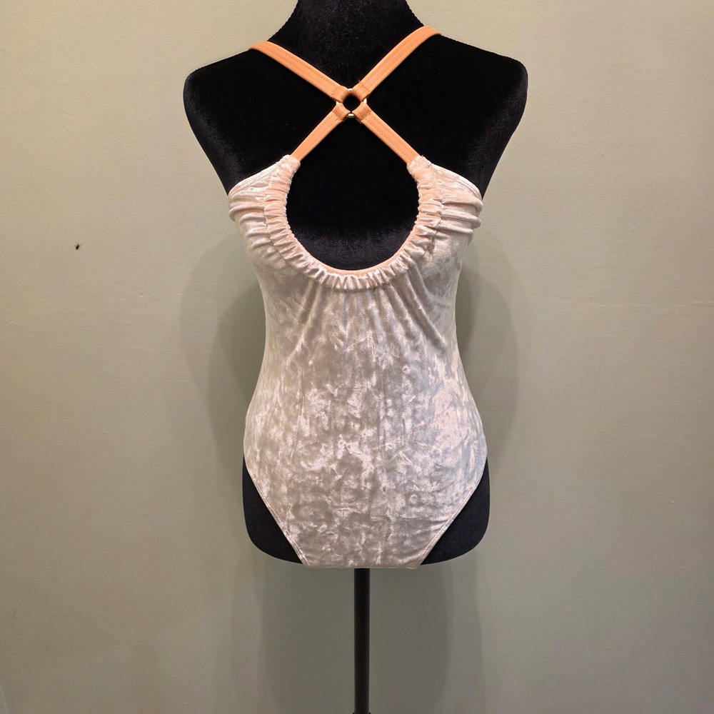 For Love & Lemons Skivvies Champagne Crushed Velvet Strappy Bodysuit Small